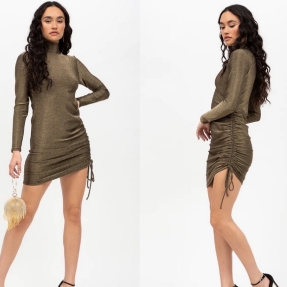 NWT n:philanthropy DEMETRA Ruched Side Mini DRESS Gold Shimmer - Picture 1 of 11